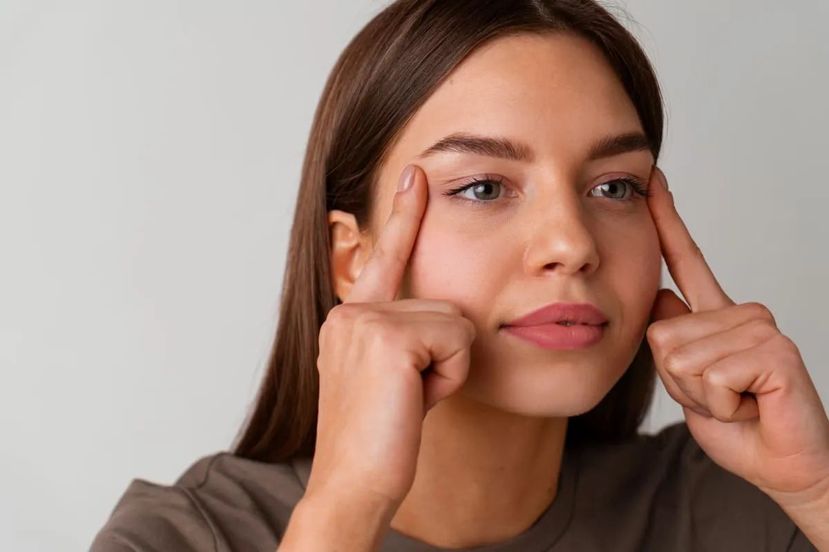 Woman touching the skin at the outer corners of her eyes