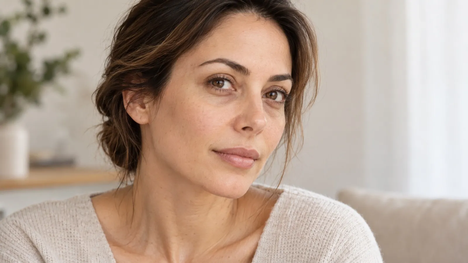 Hollow under eyes: a dark-haired woman with soft shadows below both eyes, wearing a cream jumper in a bright living room