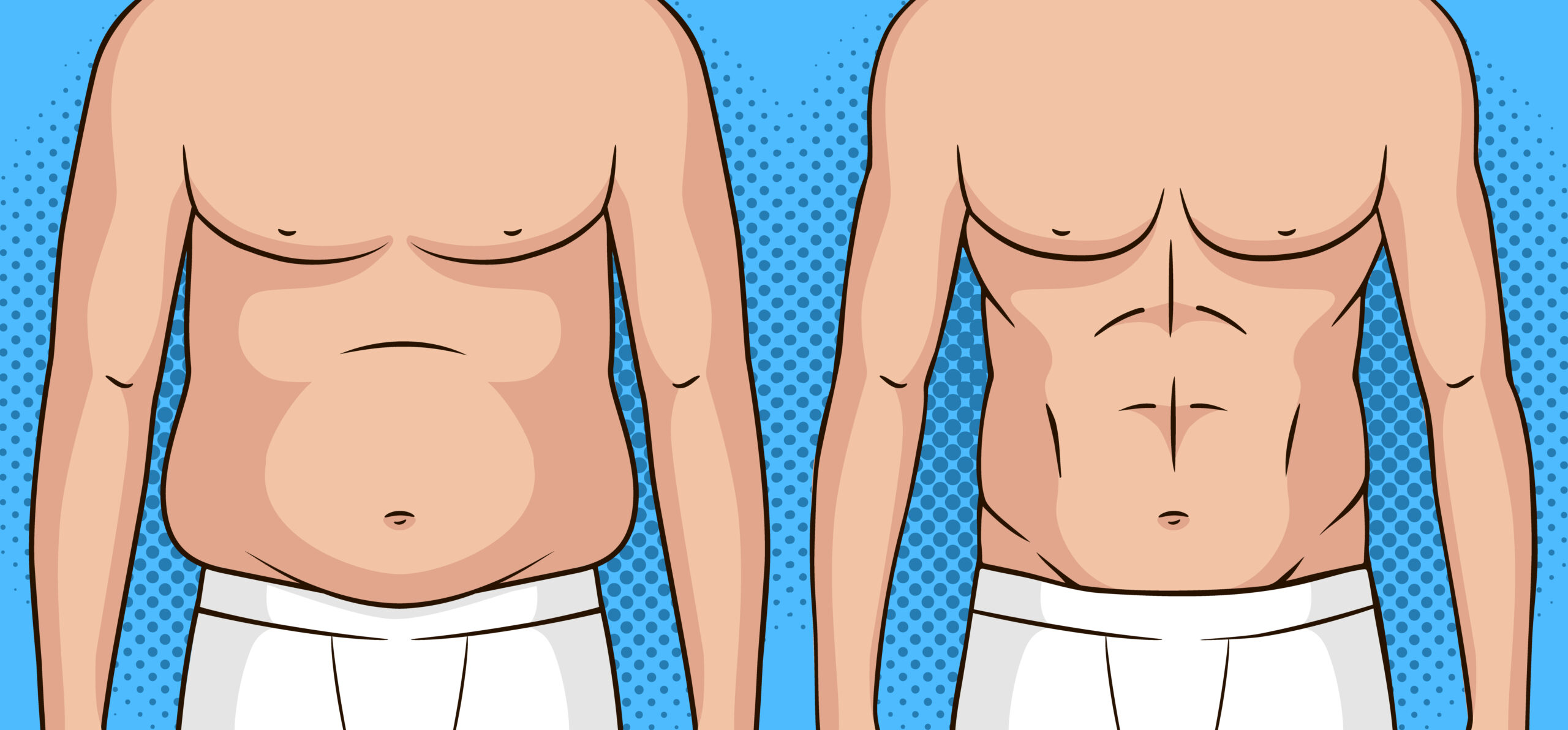 Color vector pop art style illustration of a man before and after weight loss. Flat stomach against the fat belly. 